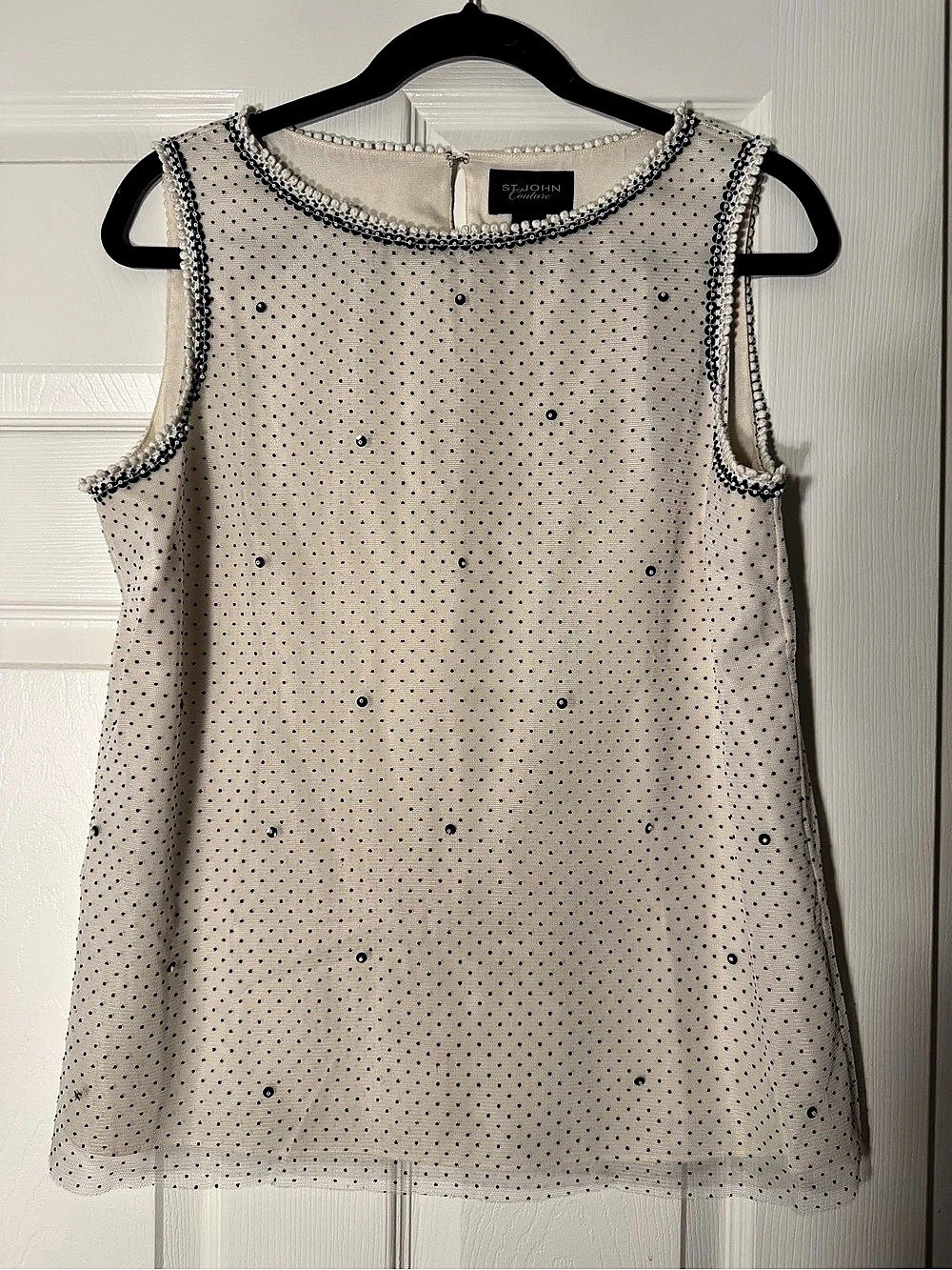St. John Couture Polka Dot Embellished Tank in White & Black Size S